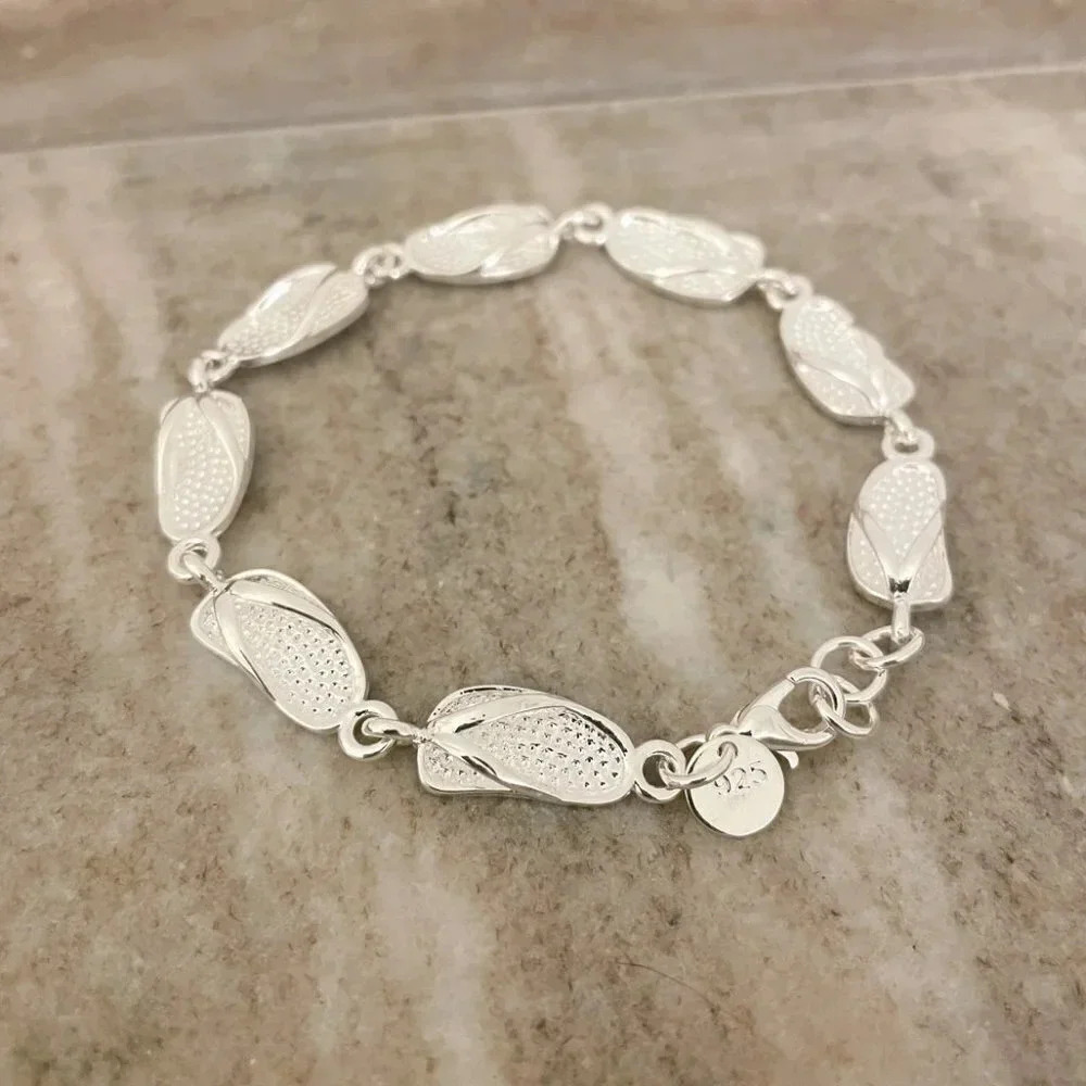 925 Sterling Silver Flip Flop Bracelet Shoe Bracelet Beach Vacation Bracelet - Picture 3 of 5